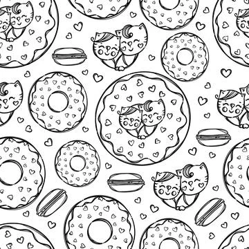 CAT IN DONUT Monochrome Seamless Pattern Vector Illustration 스톡 일러스트