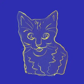 Cat drawn with gradient lines on a blue background. Vector contour drawing Stock Illustration