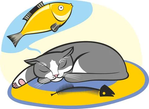 A cat dreaming about fish vector illustration 스톡 일러스트