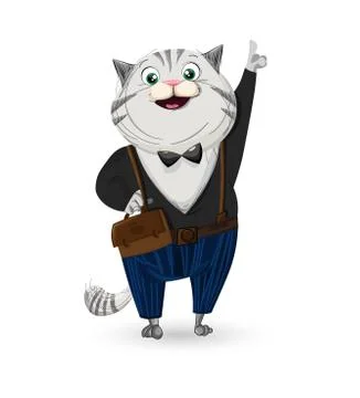 Cat dressed in suit Vector cartoon character. Smiling cat wearing a bow illus Ilustración de archivo