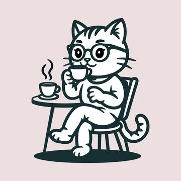 Cat drinking coffee and reading book mascot vector illustration Stock Illustration