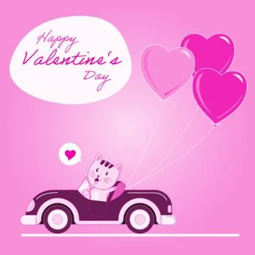 Cat driving with heart balloon - Vector Illustration Stock Illustration