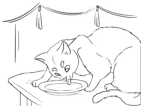 Cat is eating - coloring page - vector line art Stock Illustration