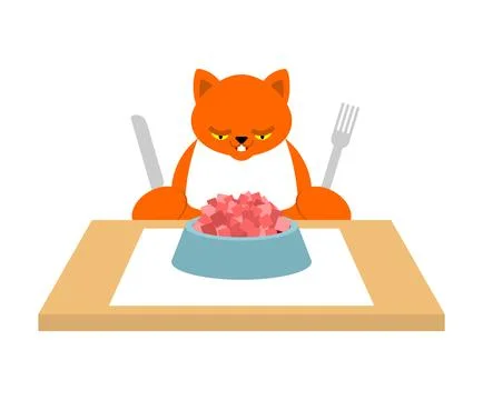 Cat eating politely at a table with a knife and fork like a human. Humorous.. Stock Illustration