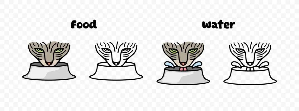 Cat eats food and drinks water from bowl, graphic design Stock Illustration