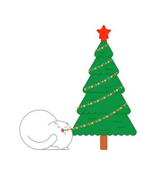 Cat eats garland on Christmas tree. Xmas and New Year vector illustration Stock Illustration