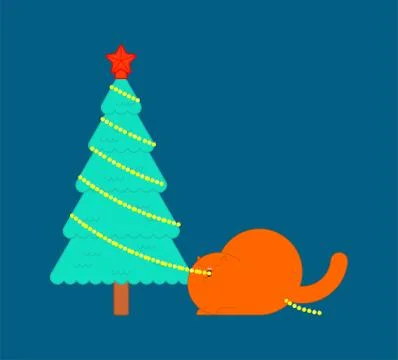 Cat eats garland on Christmas tree. Xmas and New Year vector illustration イラスト素材