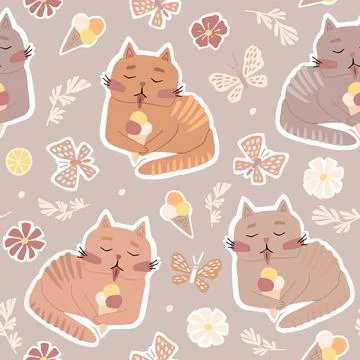 The cat eats ice cream. Cute childish flat illustration in gentle beige tones イラスト素材