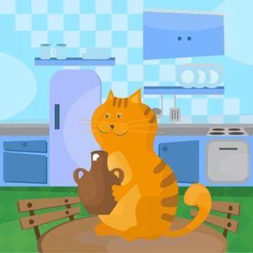 Cat eats sour cream from a ceramic bowl on table in the kitchen イラスト素材