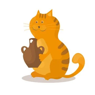 Cat eats sour cream from a ceramic bowl on white background イラスト素材