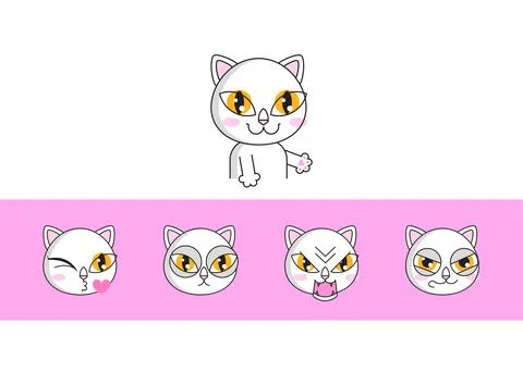 Cat face expression. White cat face set sticker Stock Illustration