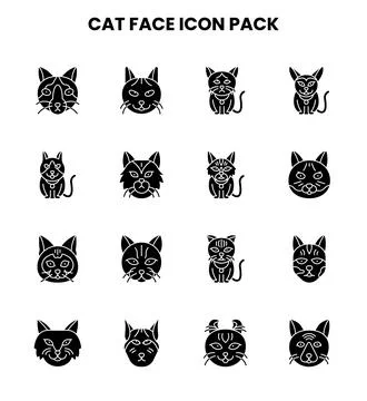 Cat Face Glyph Vector Icons Pack Stock Illustration