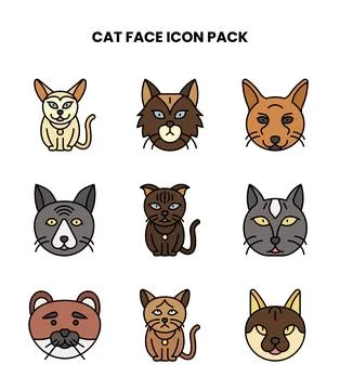 Cat Face Lineal Color Vector Icons Pack Stock Illustration
