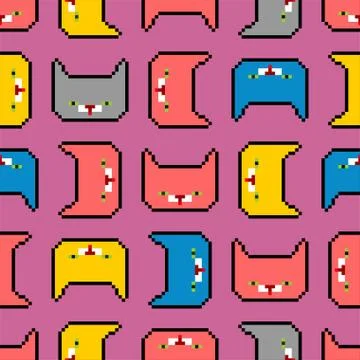 Cat face pattern pixel art. Pet head pixelated background. Old game graphics. 스톡 일러스트