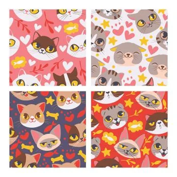 Cat face seamless patten vector illustartion. Cute cartoon pet heads background Stock Illustration