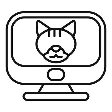 Cat face showing on desktop computer screen, online veterinary consultation Illustrazione stock