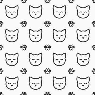 Cat faces and paws seamless pattern vector illustration. Stock Illustration