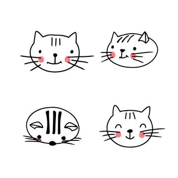 Cat faces collection in cute doodle style. Funny animals avatar with differen Stock Illustration