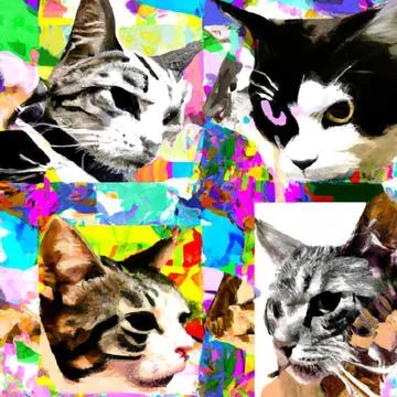 Cat faces, colours abstract background collage – Digital Illustration Stock Illustration