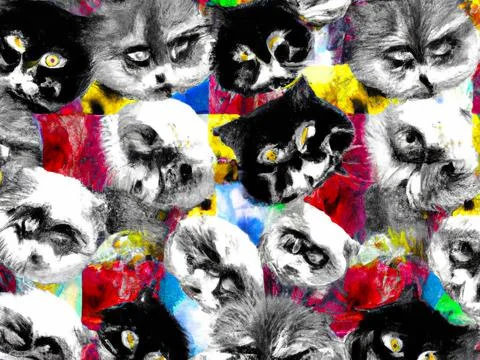 Cat faces, colours abstract background collage – Digital Illustration Stock Illustration