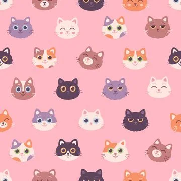 Cat faces seamless pattern. Cat characters with different emotions イラスト素材