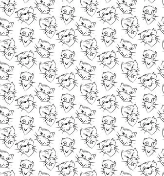 Cat faces seamless pattern. Hand drawn paint brush doodle stroks, childish Stock Illustration