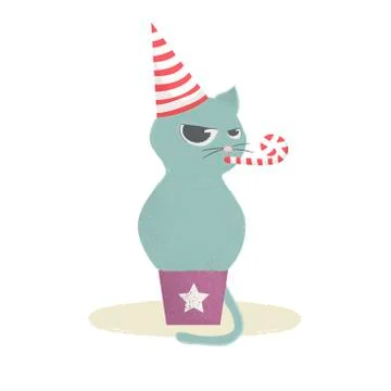 Cat in festive hat sitting in gift box. Cat with party horn.Vector illustra.. Stock Illustration