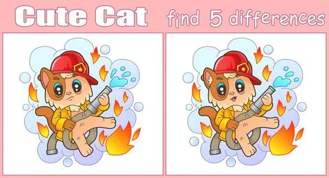 Cat firefighter, find five differences Stock Illustration