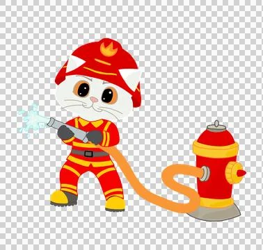 Cat in firefighter uniform with a hose connected to a hydrant Stock Illustration