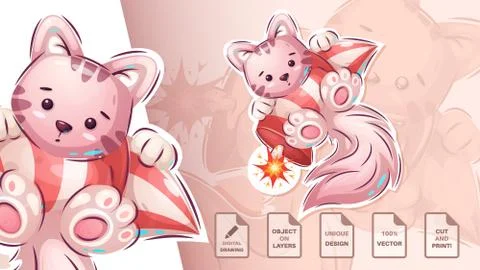 Cat in the fireworks - cute sticker Stock Illustration