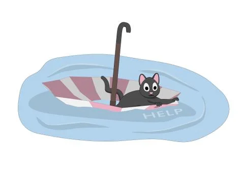 A cat is floating on an umbrella. Stock Illustration