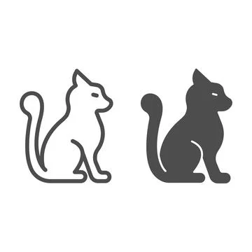 Cat with fluffy tail line and solid icon, domestic animals concept, kitten Stock Illustration