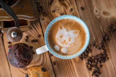 Cat foam face of latte art coffee in cup with scattered coffee beans and Stock Photos