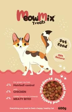 Cat food packaging design. Pattern for dry cat food Meaty bites. pink design  Stock Illustration