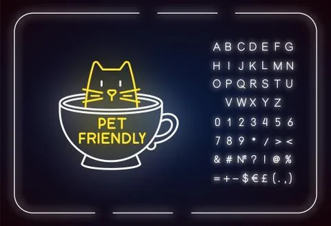 Cat friendly cafe neon light icon. Kitten permitted food service establishmen Stock Illustration