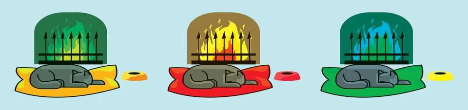 Cat in front of the fireplace cartoon icon design template with various model Illustrazione stock