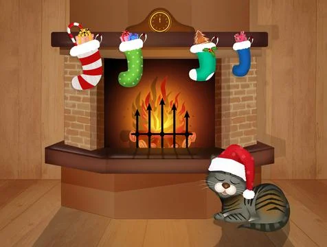 Cat in front of the fireplace for Christmas Stock Illustration
