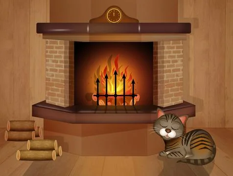 Cat in front of the fireplace Stock Illustration