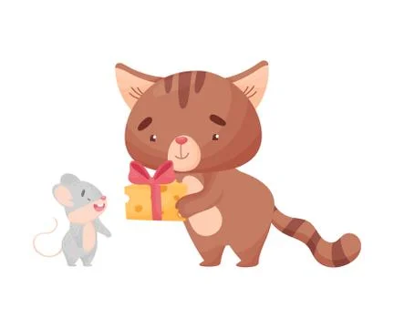 Cat gives a gift to the mouse. Vector illustration on white background. Stock Illustration