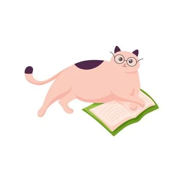 Cat in glasses lying with open book. Illustration of cat reading book. Cozy Stock Illustration