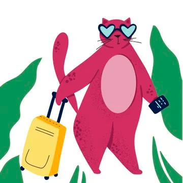 Cat goes to trip. Color flat hand drawn character. Palm, passport, suitcase c Stock Illustration