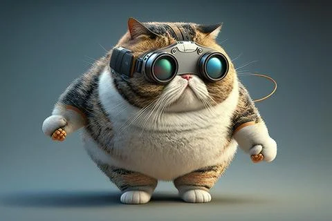 A cat with goggles and a mouse on its back standing in front of a gray back.. 스톡 일러스트