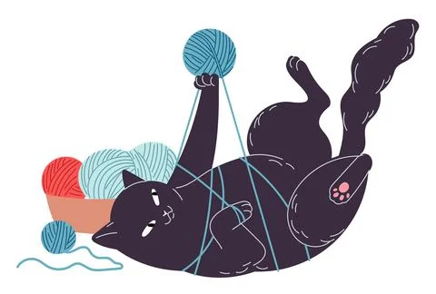 Cat got tangled in thread playing with the ball Stock Illustration