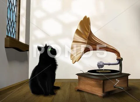 Cat with gramophone Stock Illustration