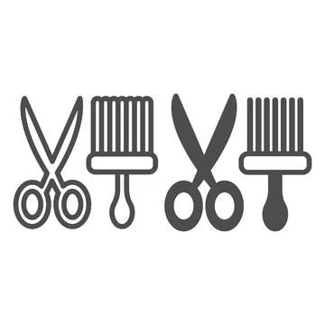 Cat grooming tools, scissors, brush line and solid icon, pets concept, items to Illustrazione stock