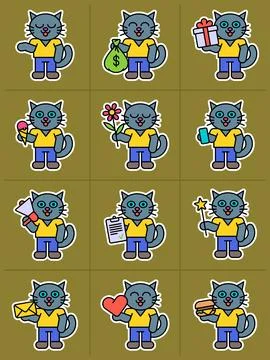 Cat guy holding various objects and smiles Stock Illustration