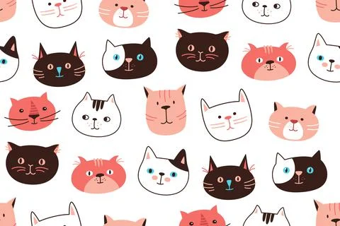 Cat head emotion seamless pattern kitten kawaii faces endless texture scrapbook Stock Illustration