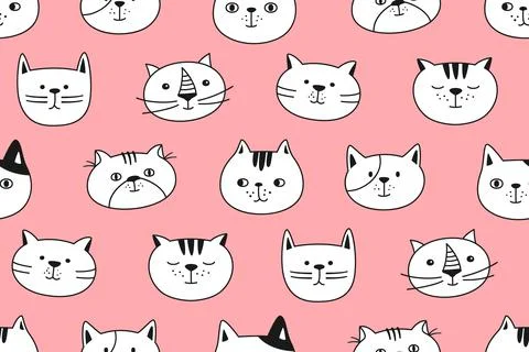 Cat head emotion seamless pattern kitten kawaii faces endless scrapbook childish Stock Illustration