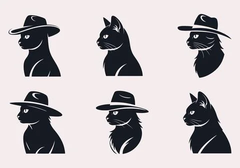 Cat Head Profile With Hat Silhouette Icon Set Clean Vector Illustration Stock Illustration