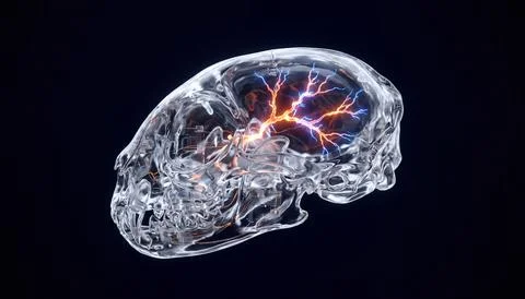 Cat head transparent skull pulsing with energy and lightning science concept. Stock Illustration